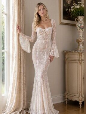 NWOT House Of Cb Delilah Lace Long-Sleeve Ivory Maxi Dress Bridal Small Bride XS